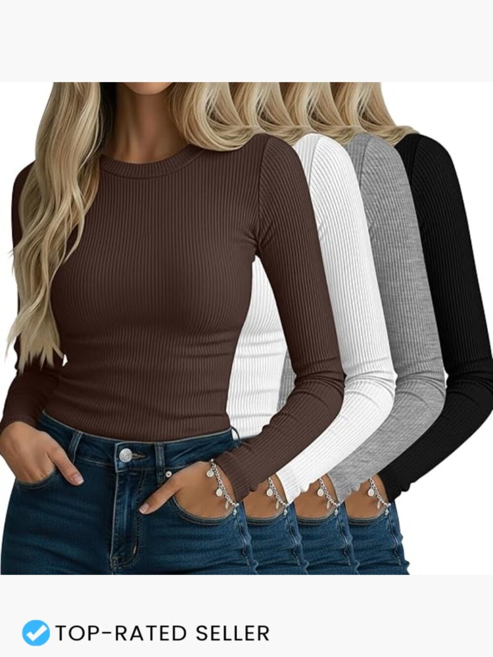 4 Pack Ribbed Long Sleeve Tees Crew Neck Slim Fit Stretch Cotton Tops Layering